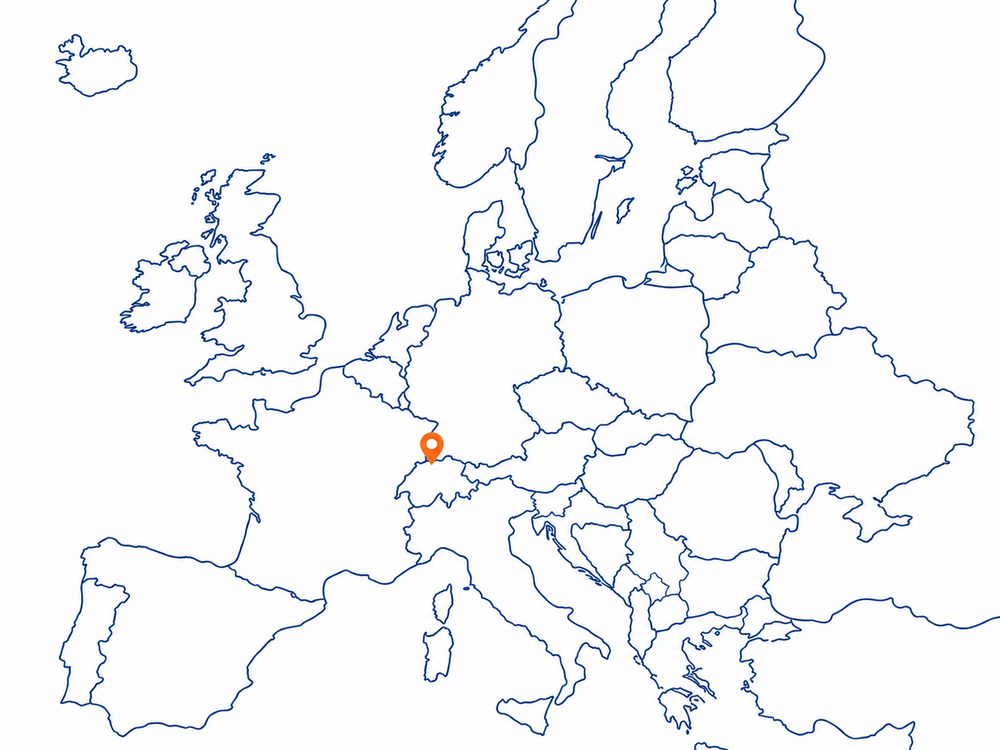 Europakarte mit Standortmarkierung im Raum Allschwil und Basel.